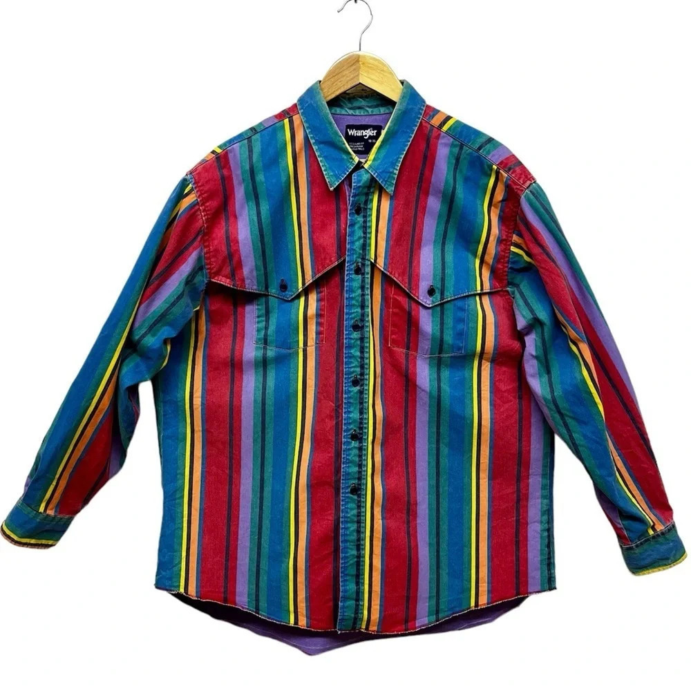Vintage Wrangler Brushpopper Shirt Western Stripe Rodeo Cowboy- Size 18 Neck